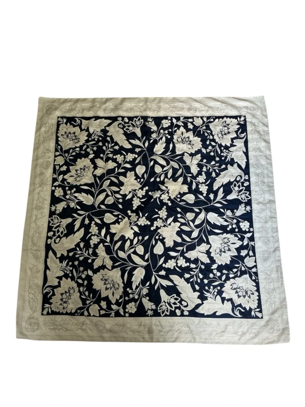 Floral Square Scarf in Navy and Ivory